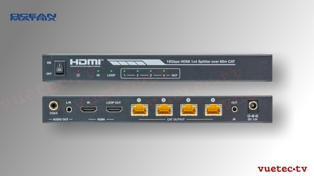 HDMI 1x4 Splitter & Cat6/6a/7 Extender with 4 Receivers - PoC/IR/EDID